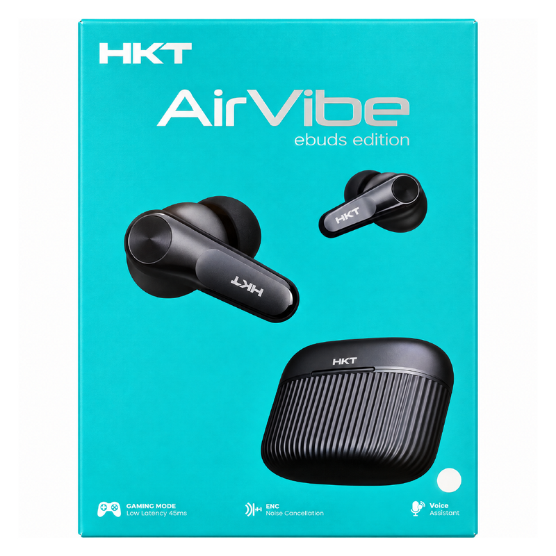 HKT AirVibe Wireless Earbuds – Quad Mic ENC, 45ms Gaming Mode, 40 Hours Playtime