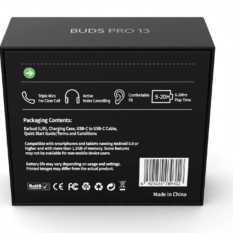 Buds Pro 13 Wireless Earbuds – ANC + ENC, Triple Mic