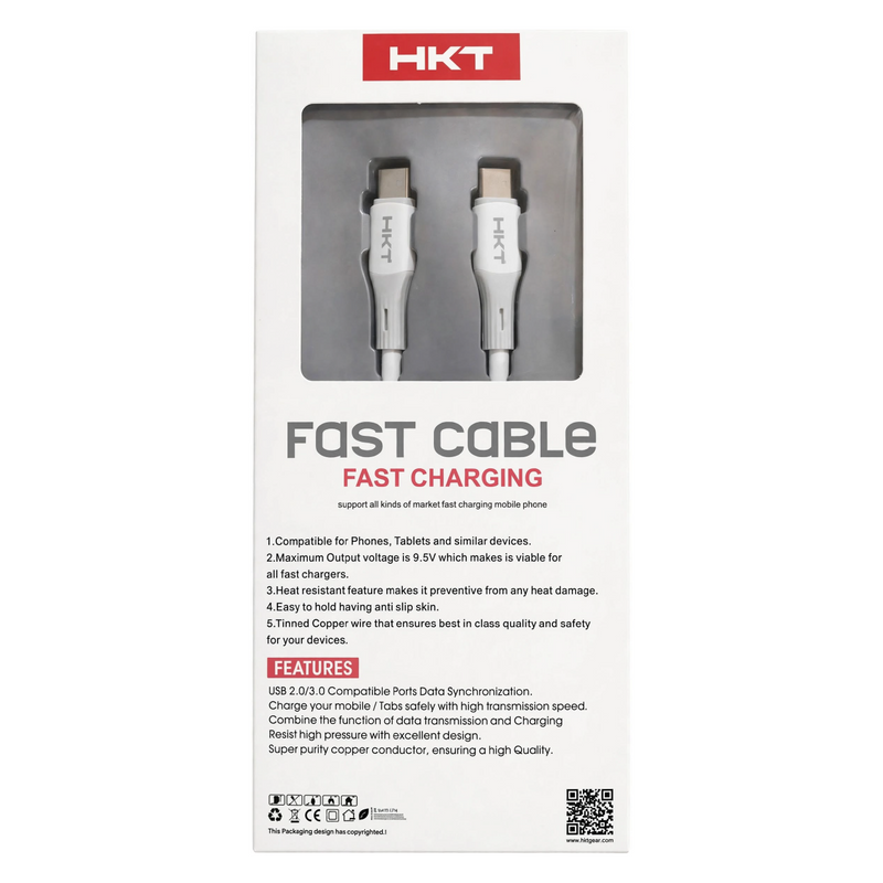 HKT C3 Type-C to Type-C Fast Charging Cable – 3.4A Output, 1 Meter, White