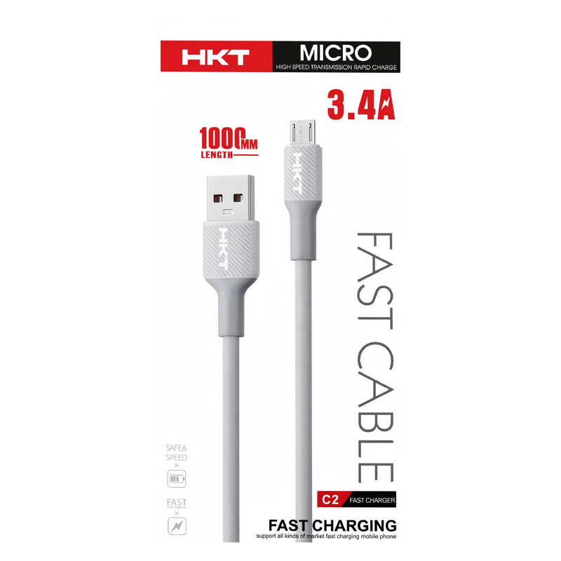 HKT C2 Micro USB Fast Charging Cable – 3.4A Output, 1 Meter, White