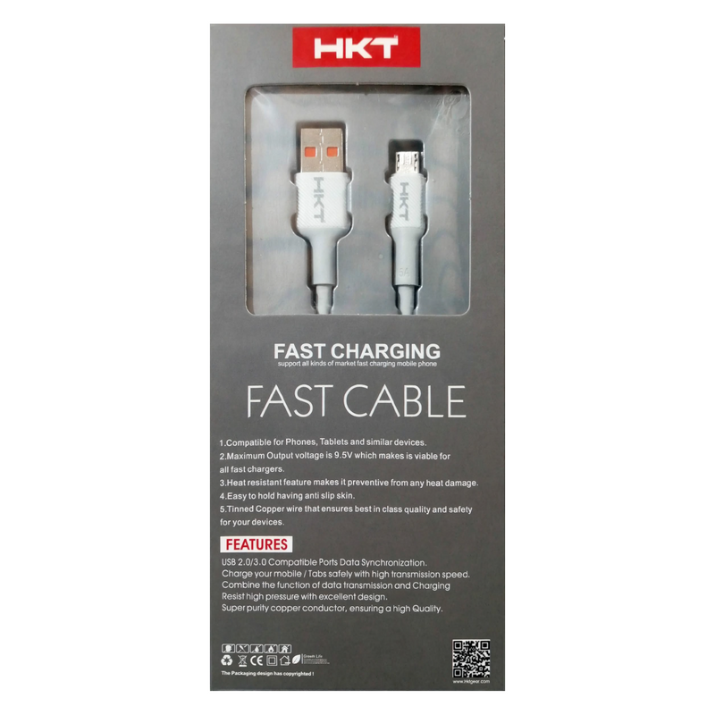 HKT C2 Micro USB Fast Charging Cable – 3.4A Output, 1 Meter, White