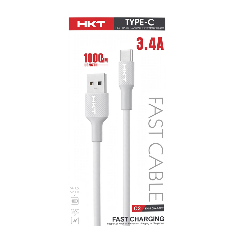 HKT C2 USB to Type-C Fast Charging Cable – 3.4A Output, 1 Meter, White