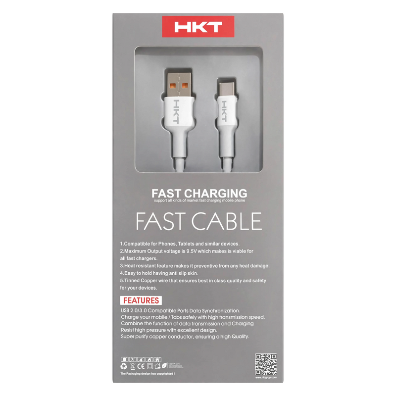 HKT C2 USB to Type-C Fast Charging Cable – 3.4A Output, 1 Meter, White