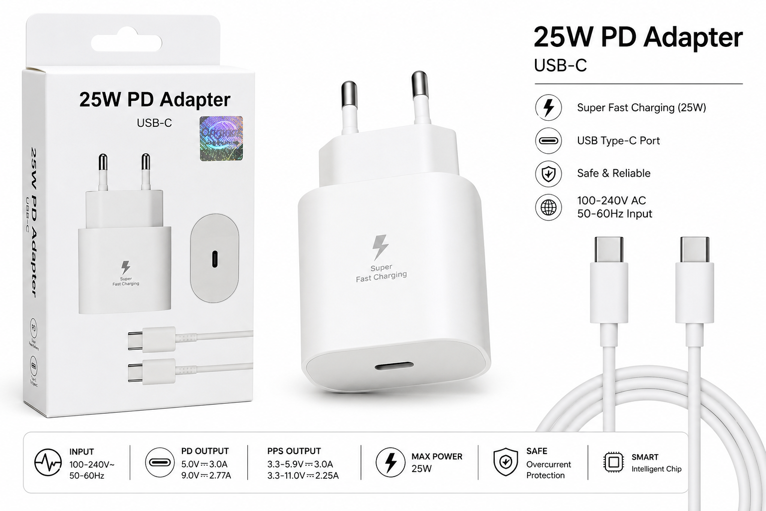 25W PD USB-C Fast Charger Adapter with Type-C to Type-C Cable