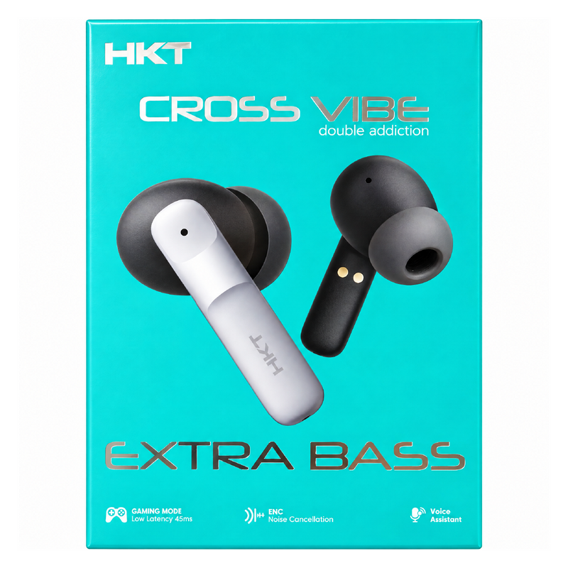 HKT CrossVibe Wireless Earbuds – Quad Mic ENC, 45ms Gaming Mode, IPX5