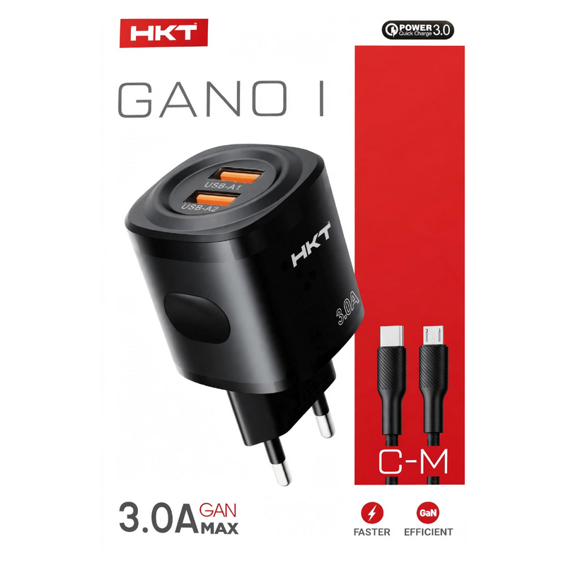 HKT Gano I GaN Charger – 3.0A Max, Dual USB-A, Quick Charge 3.0, Black (With Cable)