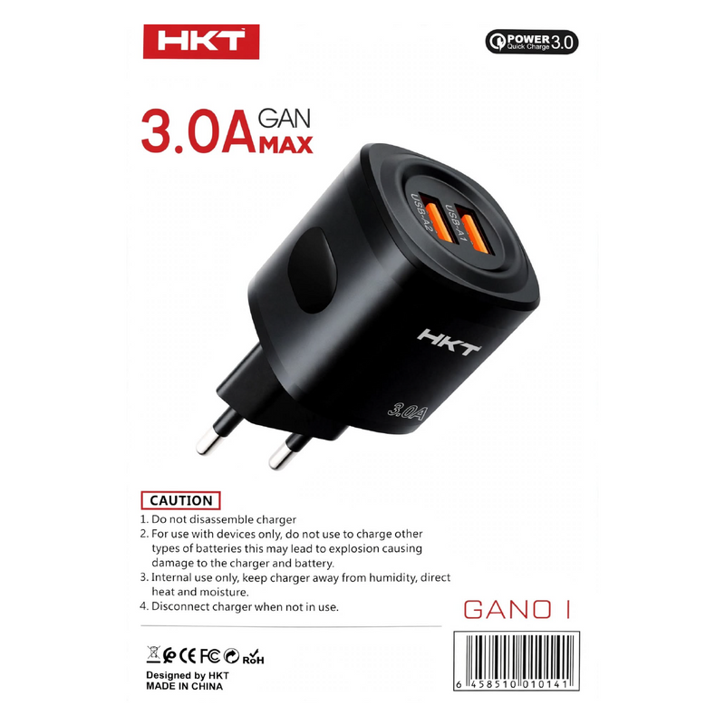 HKT Gano I GaN Charger – 3.0A Max, Dual USB-A, Quick Charge 3.0, Black (With Cable)
