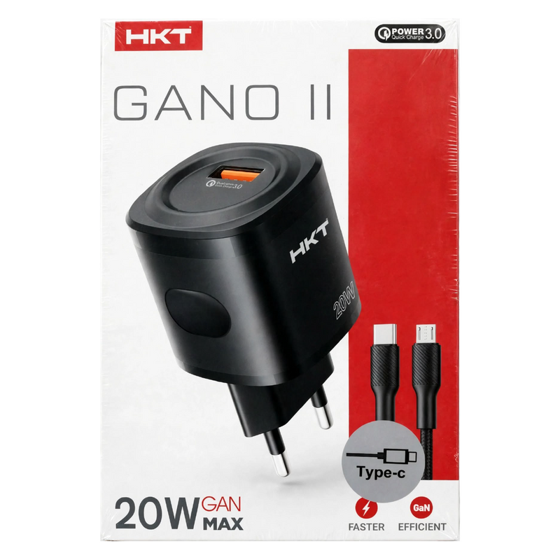 HKT Gano II 20W GaN Charger – USB-A, Quick Charge 3.0, Type-C Cable, Black