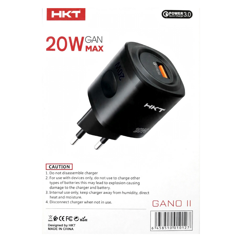HKT Gano II 20W GaN Charger – USB-A, Quick Charge 3.0, Type-C Cable, Black