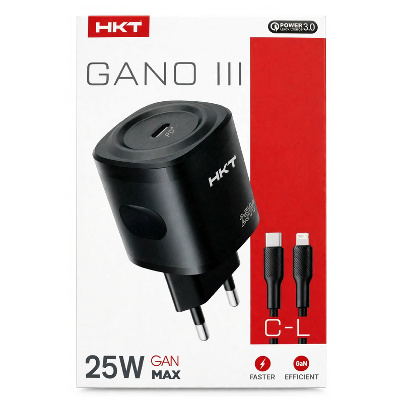 HKT Gano III 25W GaN PD Charger – Type-C Port, Type-C to Lightning Cable, Black