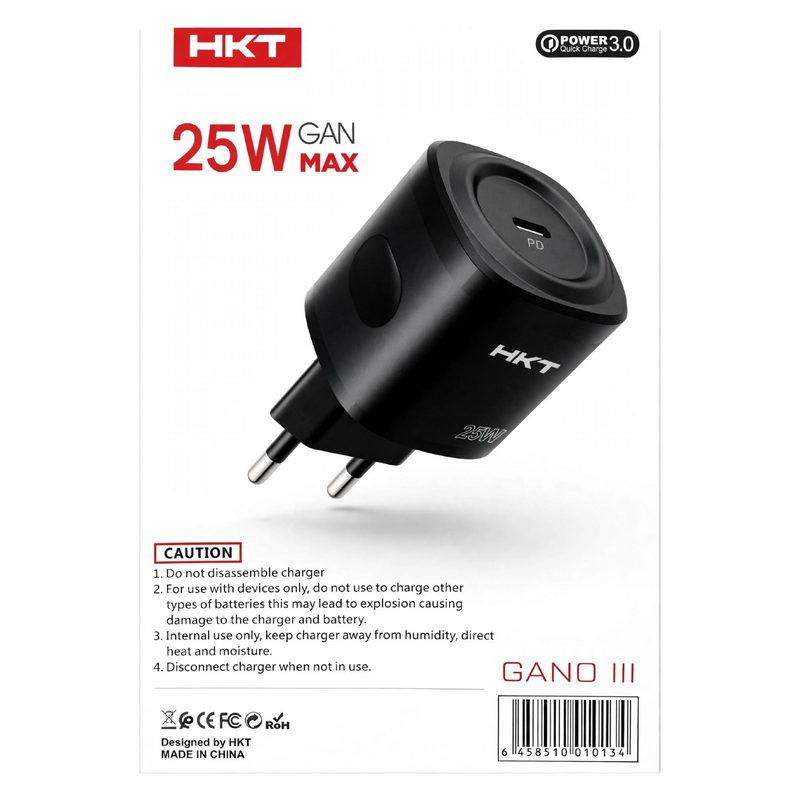 HKT Gano III 25W GaN PD Charger – Type-C Port, Type-C to Lightning Cable, Black