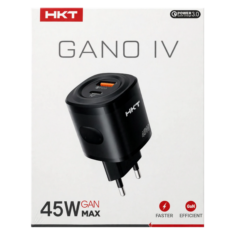 HKT Gano IV 45W GaN Charger – USB-A + Type-C PD, Quick Charge 3.0, Black