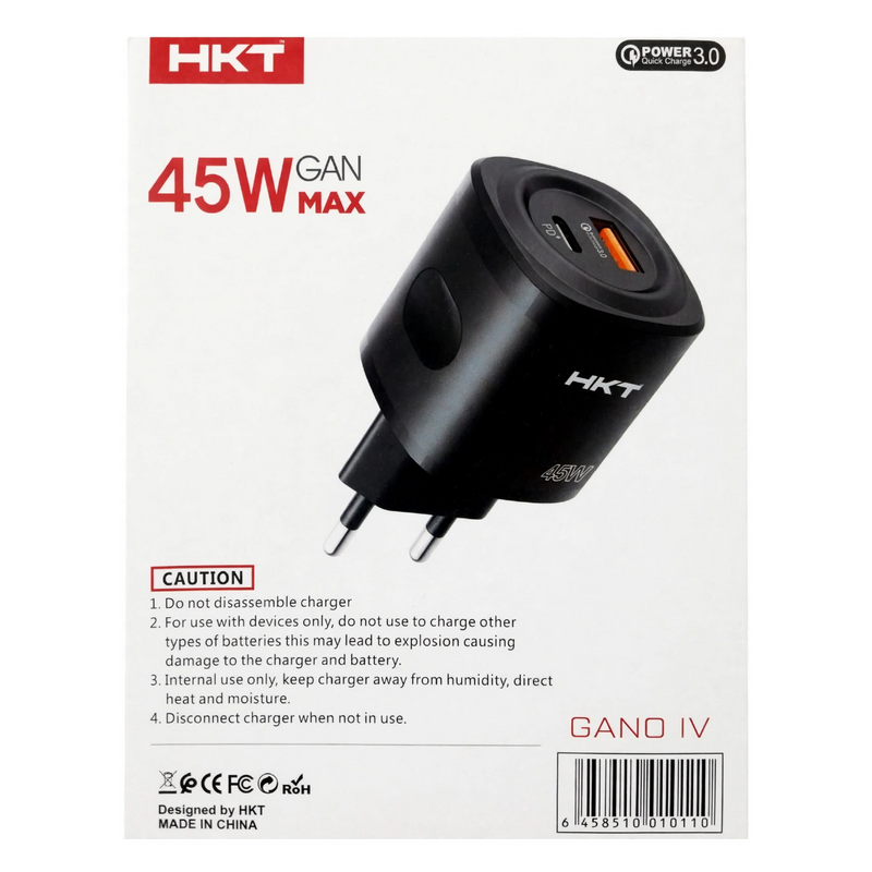 HKT Gano IV 45W GaN Charger – USB-A + Type-C PD, Quick Charge 3.0, Black