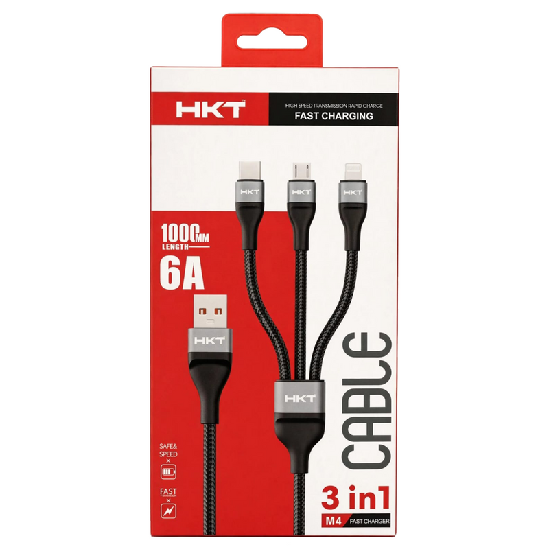 HKT-M4 3 in 1 Braided Fast Charging Cable 6A | Type-C, Micro USB, Lightning