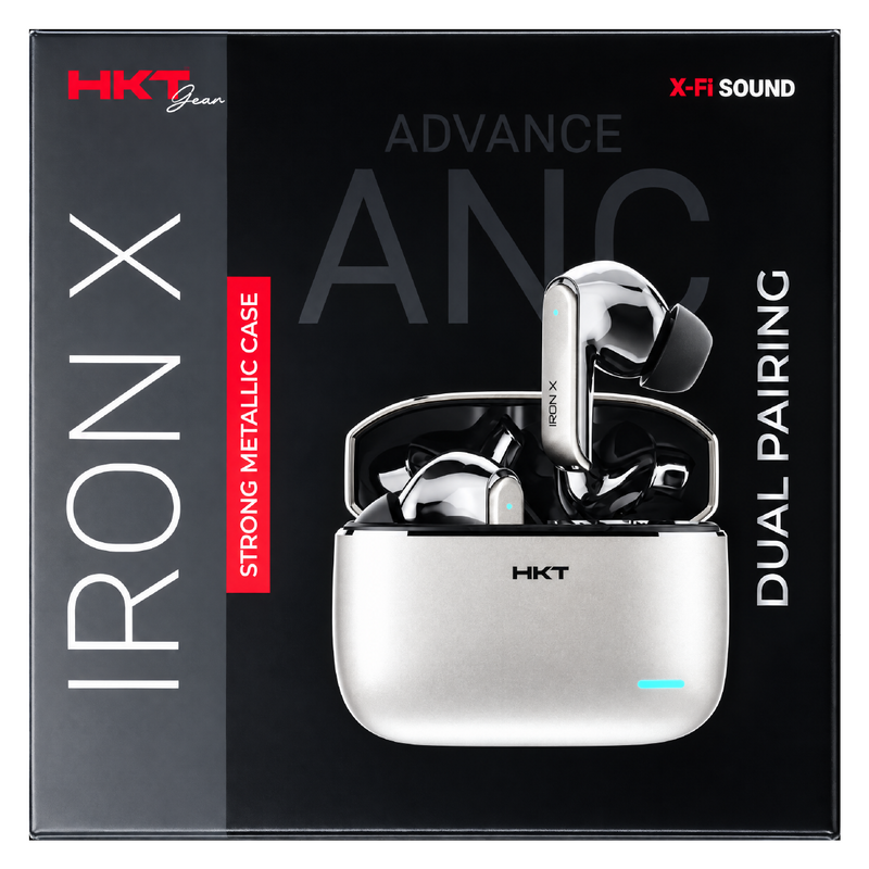 HKT Iron X Wireless Earbuds – Active Noise Cancellation, Bluetooth 6.0, Dual Pairing & Metallic Case