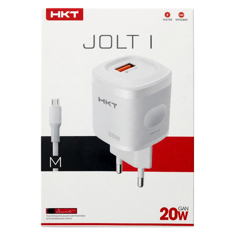 HKT Jolt I 20W GaN Charger – USB-A, Quick Charge 3.0, Micro USB Cable, White