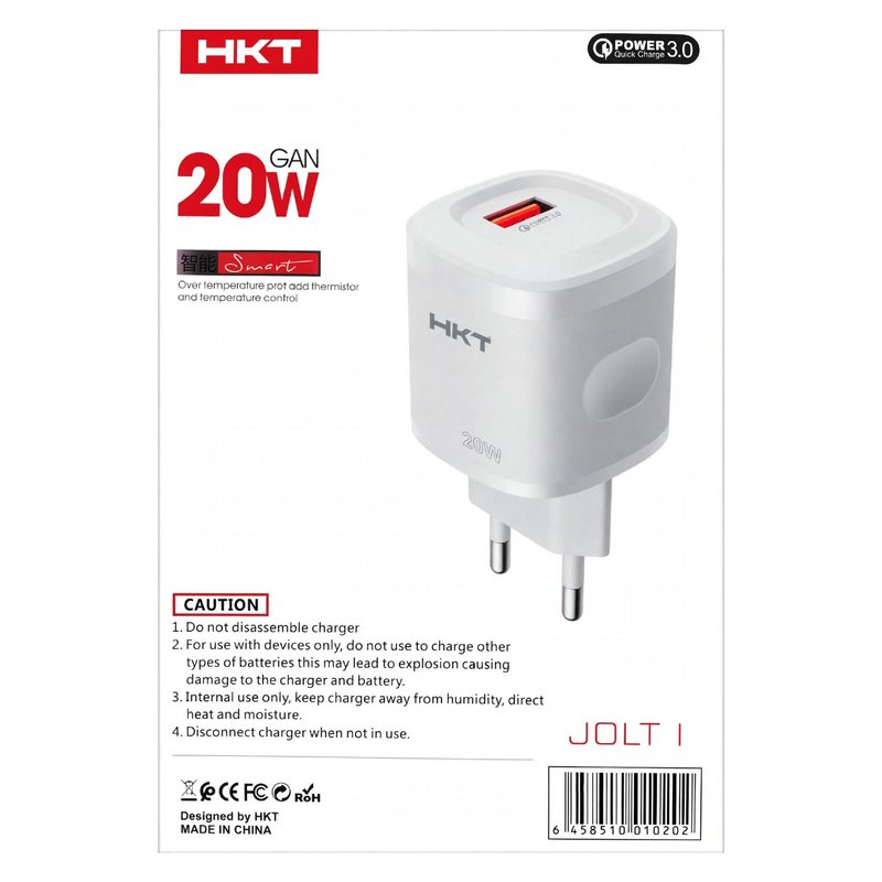 HKT Jolt I 20W GaN Charger – USB-A, Quick Charge 3.0, Micro USB Cable, White