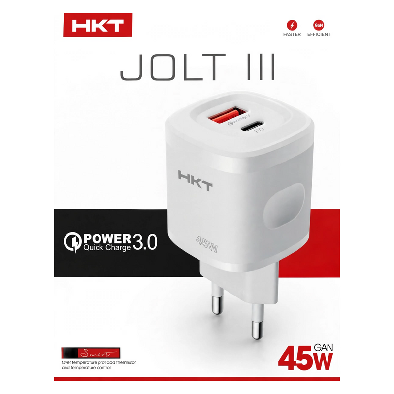 HKT Jolt III 45W GaN Dual Port Charger – USB-A + Type-C PD, Fast Charging