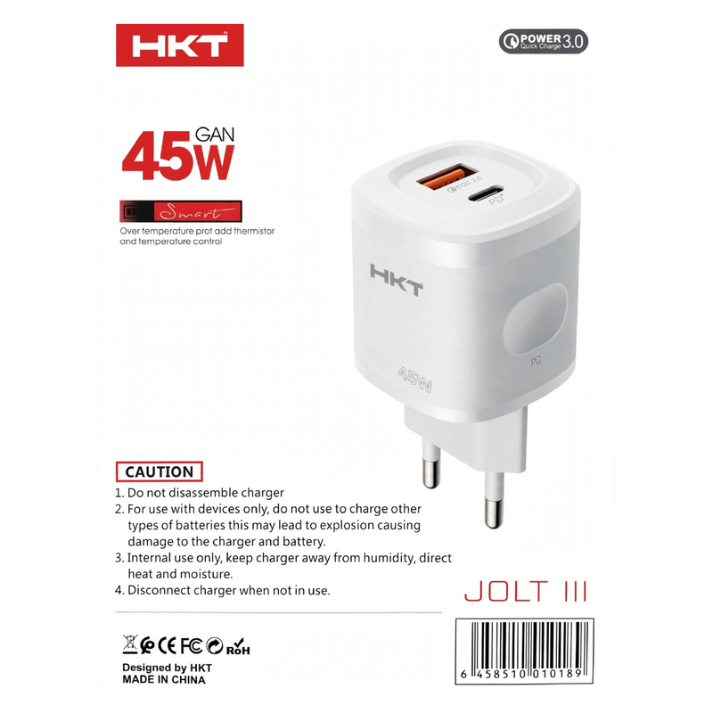 HKT Jolt III 45W GaN Dual Port Charger – USB-A + Type-C PD, Fast Charging