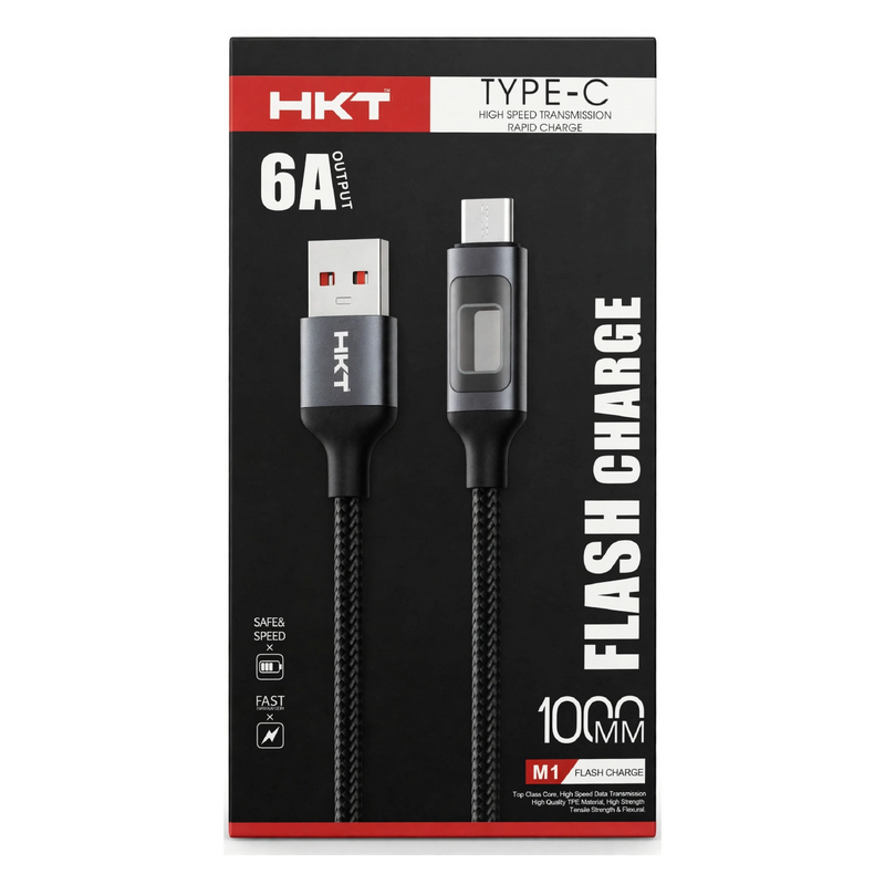 HKT M1 Type-C Flash Charge Cable – 6A Output, 1 Meter, Black