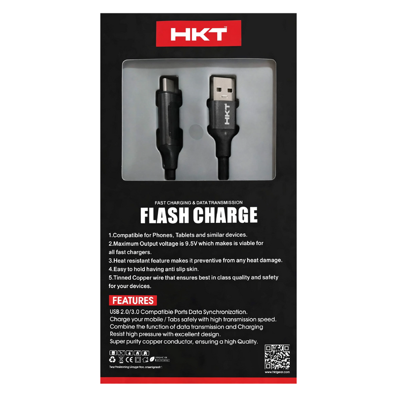 HKT M1 Type-C Flash Charge Cable – 6A Output, 1 Meter, Black