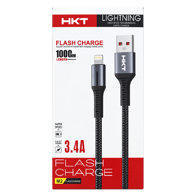 HKT M2 Lightning Flash Charge Cable – 3.4A Output, 1 Meter, Braided Data Cable