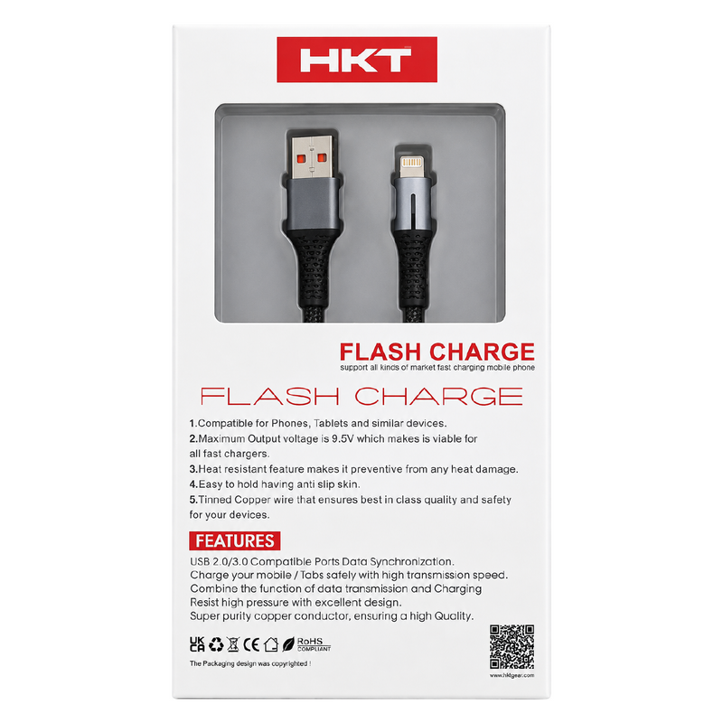 HKT M2 Lightning Flash Charge Cable – 3.4A Output, 1 Meter, Braided Data Cable
