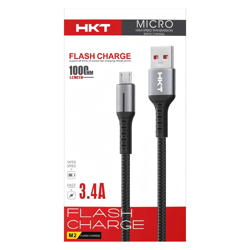 HKT M2 Micro USB Flash Charge Cable – 3.4A Output, 1 Meter, Black