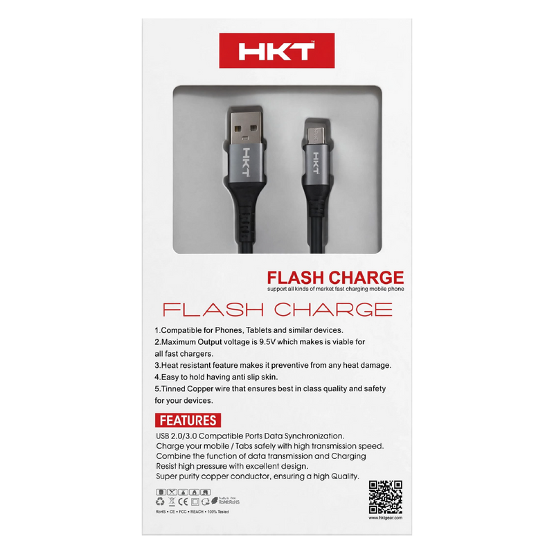 HKT M2 Micro USB Flash Charge Cable – 3.4A Output, 1 Meter, Black