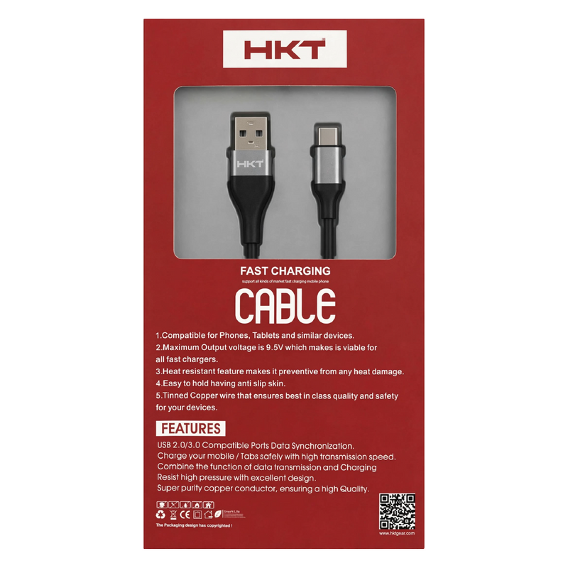 HKT M3 Type-C Fast Charging Cable – 6A Output, 1 Meter, Black