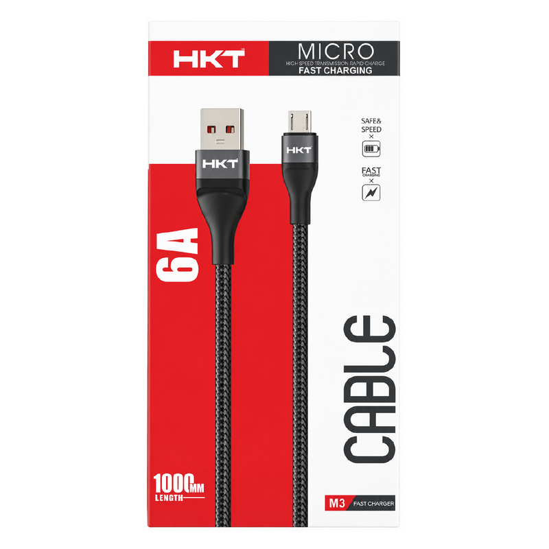 HKT M3 Micro USB Fast Charging Cable – 6A Output, 1 Meter, Nylon Braided Data Cable