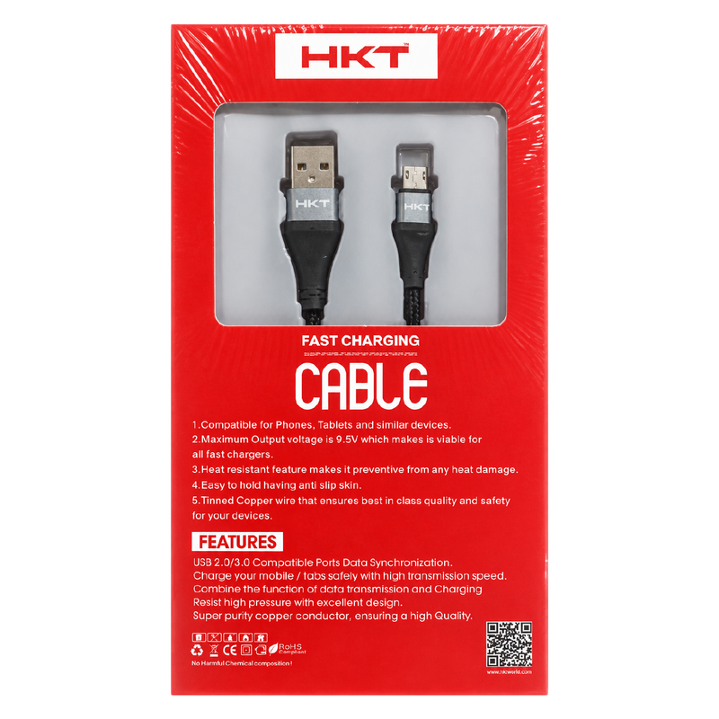 HKT M3 Micro USB Fast Charging Cable – 6A Output, 1 Meter, Nylon Braided Data Cable