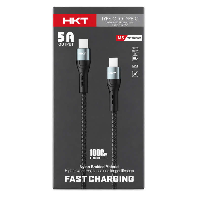 HKT M5 Type-C to Type-C Fast Charging Cable – 5A Output, 1 Meter, Nylon Braided