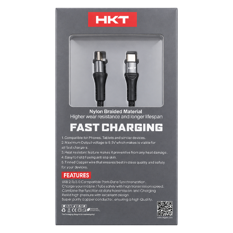 HKT M5 Type-C to Type-C Fast Charging Cable – 5A Output, 1 Meter, Nylon Braided