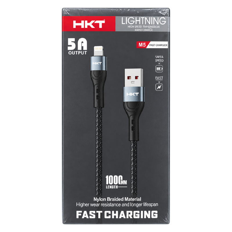 HKT M5 Lightning Fast Charging Cable – 5A Output, 1 Meter, Nylon Braided Data Cable