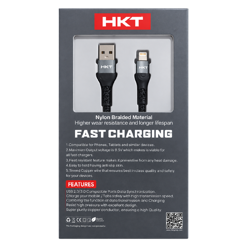 HKT M5 Lightning Fast Charging Cable – 5A Output, 1 Meter, Nylon Braided Data Cable
