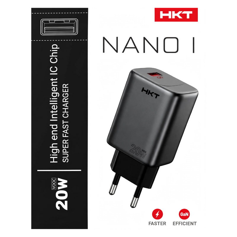HKT Nano I 20W GaN Super Fast Charger – USB-A, Intelligent IC Chip