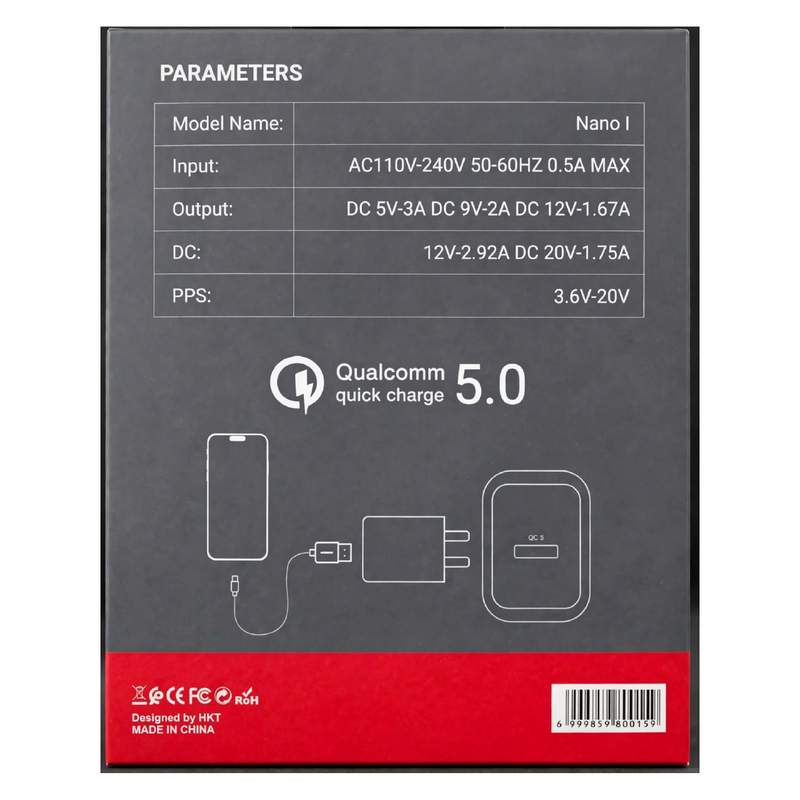 HKT Nano I 20W GaN Super Fast Charger – USB-A, Intelligent IC Chip