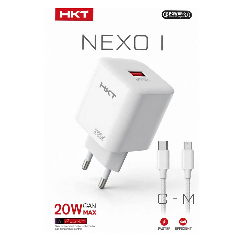 HKT Nexo I 20W GaN Charger – USB-A Quick Charge 3.0, Smart Temperature Control