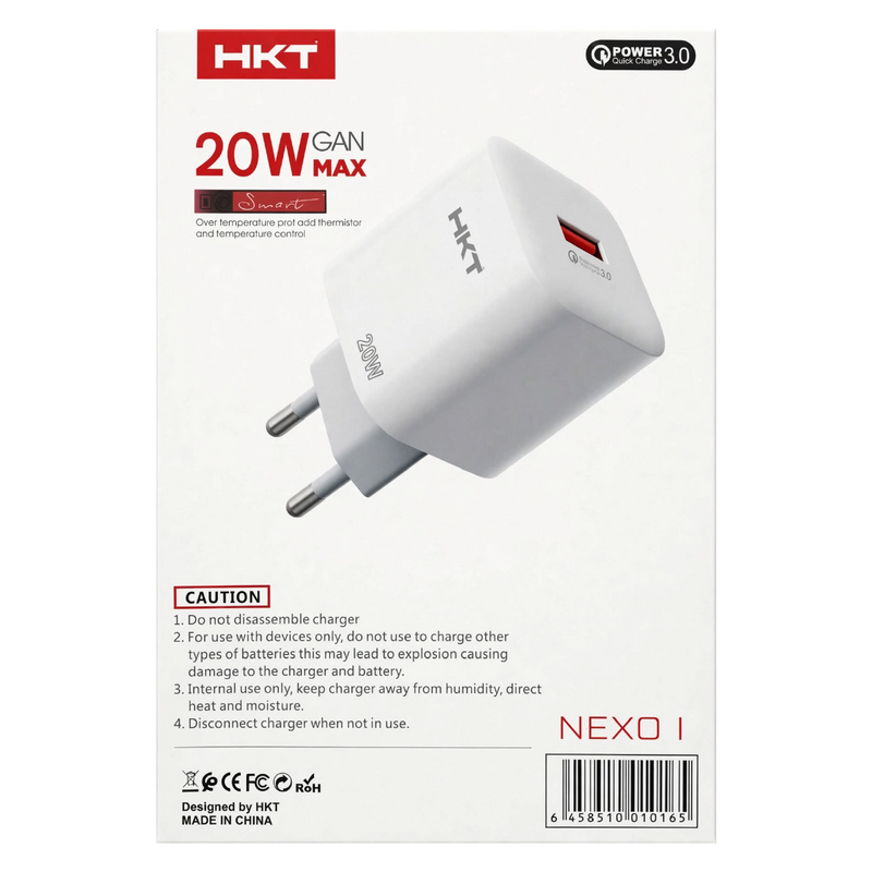 HKT Nexo I 20W GaN Charger – USB-A Quick Charge 3.0, Smart Temperature Control