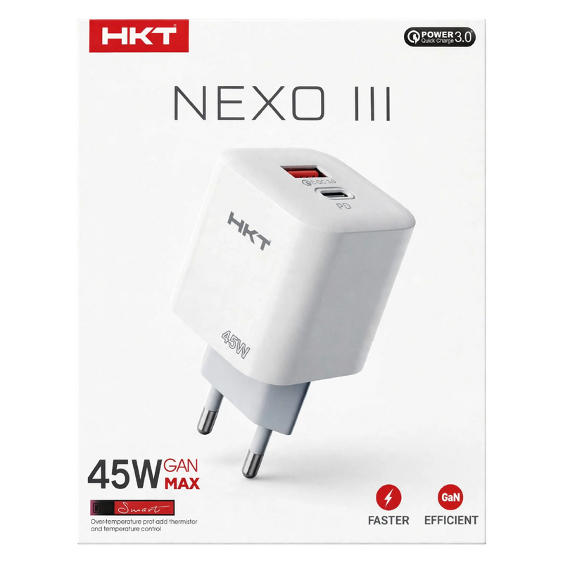 HKT Nexo III 45W GaN Dual Port Charger – USB-A + Type-C PD, Fast Charging