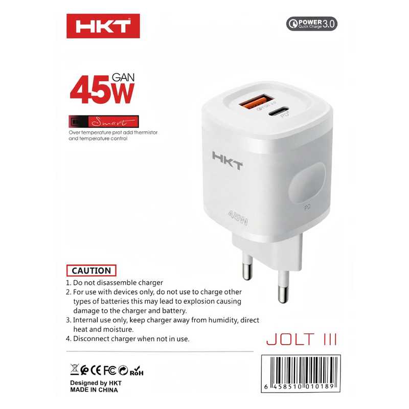 HKT Nexo III 45W GaN Dual Port Charger – USB-A + Type-C PD, Fast Charging
