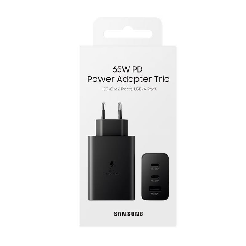 Samsung 65W PD Power Adapter Trio – 2 x USB-C + 1 x USB-A, 2-Pin, Black