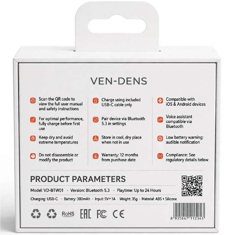VEN-DENS True Wireless Stereo Earbuds – Up to 24 Hours Playtime